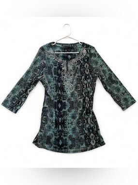 INC Rhinestone Blouse Resortwear Sheer Green Black Snakeskin Tunic Top Beaded